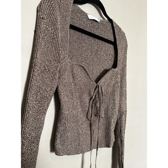 Jonathan Simkhai Long Sleeve Cropped Ribbed Top Sweater V Neck Brown Dune Large - Picture 2 of 5